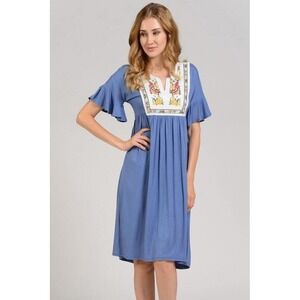 Flamingo Urban Women's Large Navy Blue Dress Embroidered Split Neckline.E07